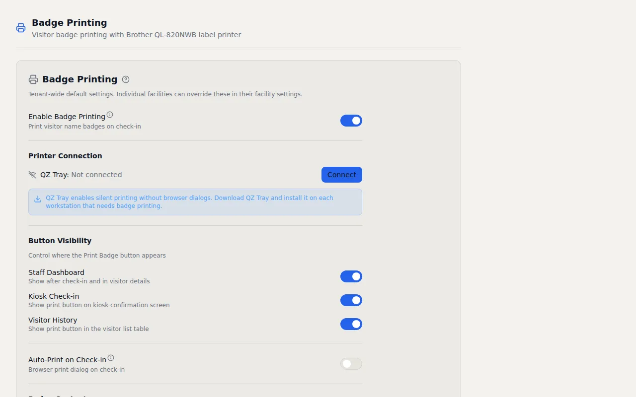 VisitorLog badge printing settings showing badge template preview, field layout, and printer configuration