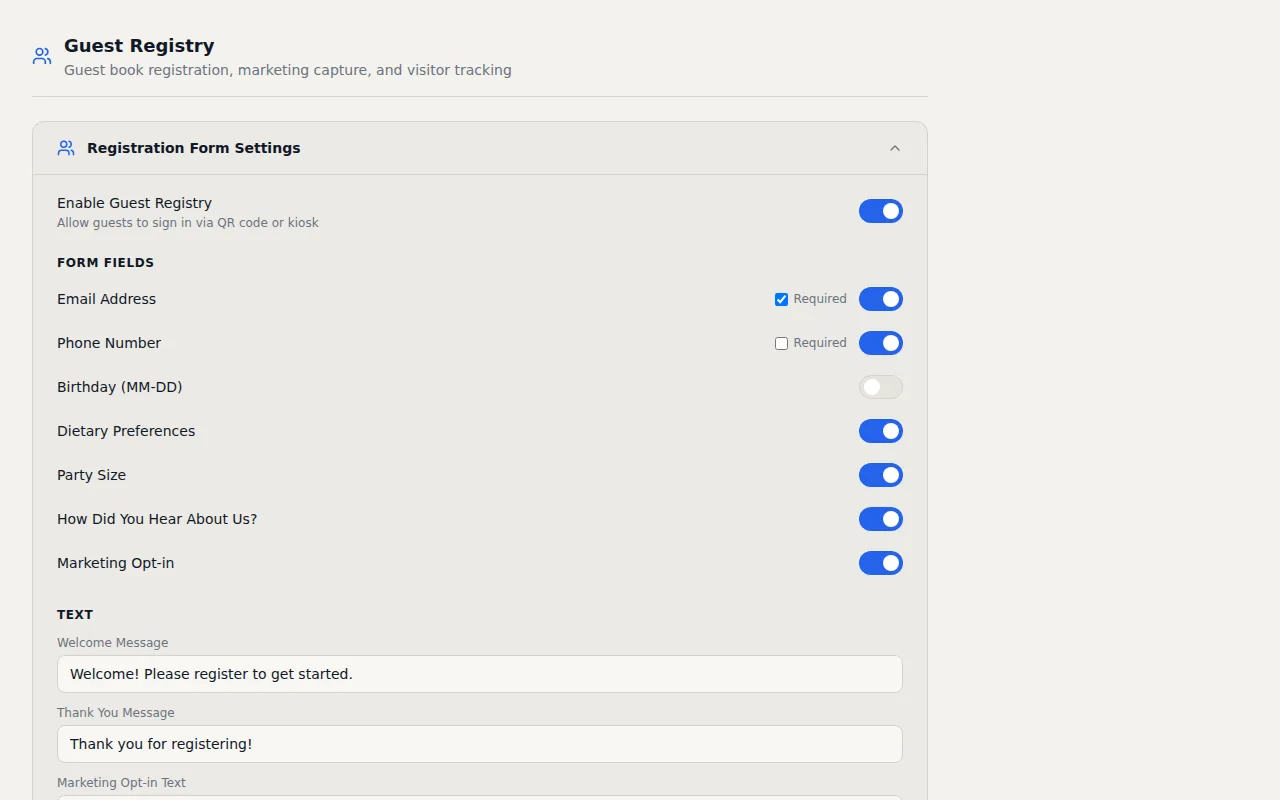 VisitorLog menu editor in hospitality mode showing menu categories, items with prices, and daypart schedule configuration