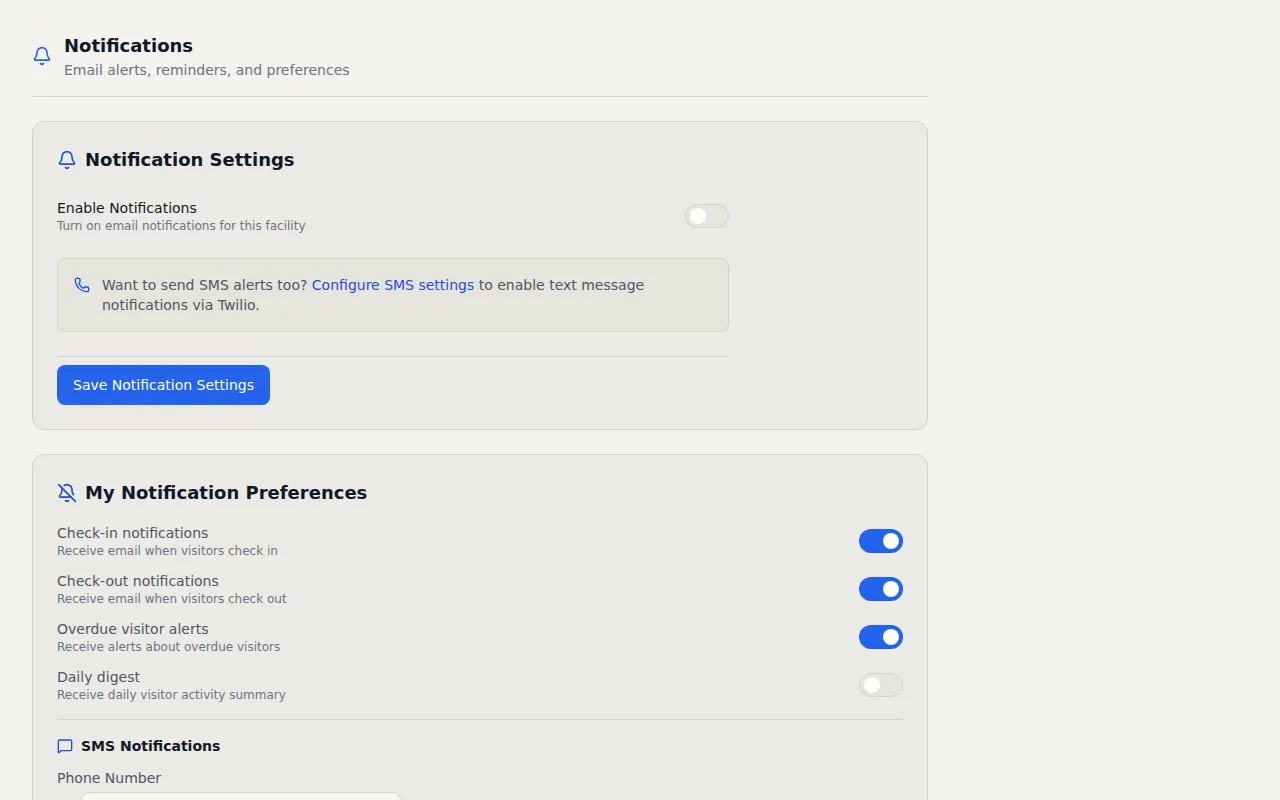 VisitorLog notification settings showing email and SMS configuration with per-facility routing options