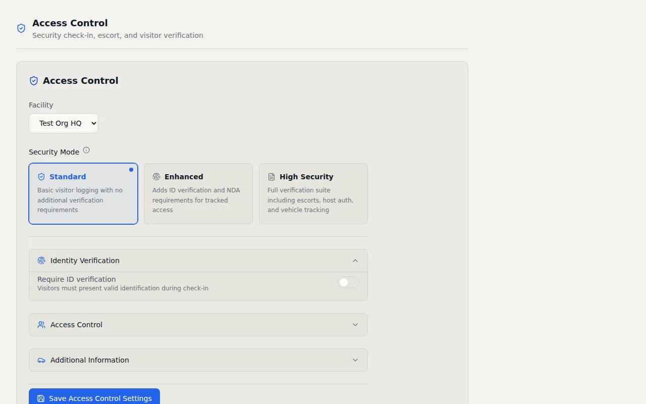 VisitorLog security settings showing three screening tiers — Standard, Enhanced, and High Security — with toggle controls